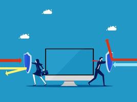 Data protection. Business team holding shield to protect computer vector