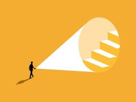 Discover the Path to Progress, Businessman Shines Flashlight on Stairs vector