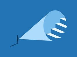 Discover the Path, Businessman Shines Flashlight on Stairs to Success vector