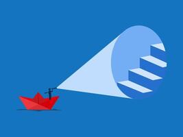 Business leader holding binoculars sailing on a paper boat looking for progress vector