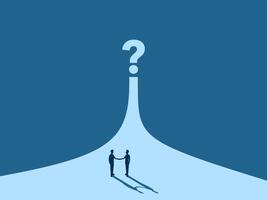 Two businessmen on the business street facing a question mark problem, solving it together vector