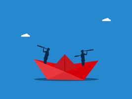 Two businessmen on the paper boat have different attitudes vector