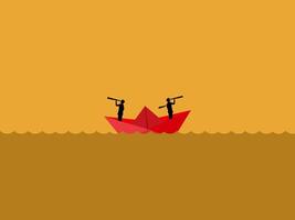 Different perspectives, Two businessmen on the paper boat look in different directions vector