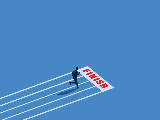 Finish the race, victory, businessman running to the finish line
