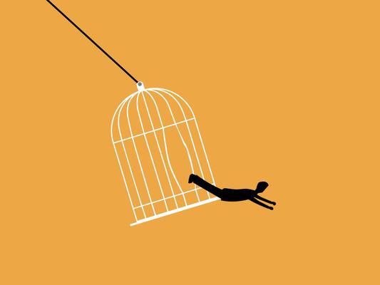 New experience, businessman jumps out of cage