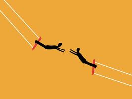 Risk, challenge, two businessmen swinging in acrobatics in coordination vector