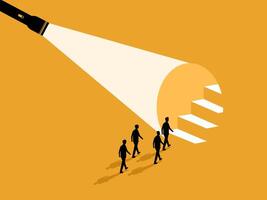 Revealing the path forward, team of businessmen walk along a flashlight to reveal the stairs vector