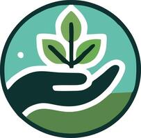 A modern flat-style logo featuring a hand holding a small tree, symbolizing environmental responsibility. vector