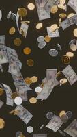 Falling bank note and coin money, vertical 3D animation seamless loop video