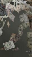 Falling bank note money in Slow motion, vertical 3D animation seamless loop video