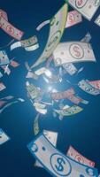 Falling bank note money from sky, vertical 3D animation seamless loop video