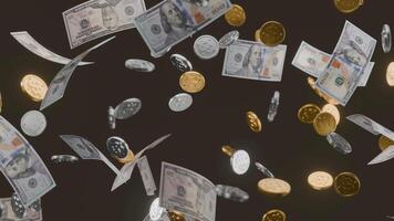 Falling bank note and coin money, 3D animation seamless loop video