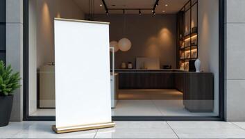 A blank roll up banner is displayed outside a store photo