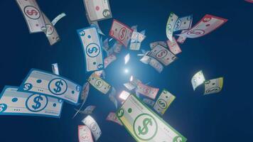 Falling bank note money from sky, 3D animation seamless loop video