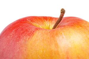 Macro photo of part of a red and yellow apple isolated on white.