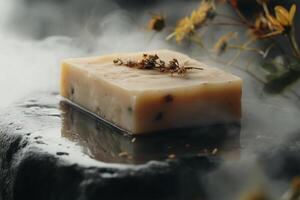 Organic bar of soap on a stone surface surrounded by delicate flowers in a serene, misty setting photo