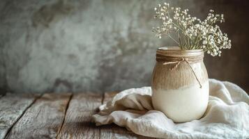 Rustic jar of homemade plant-based yogurt displayed with delicate flowers against a textured background photo