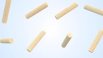 Wooden Dowel Pins Falling on a Light Blue Background. Dowel Pins 3D. 4K video
