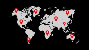 GPS ubicación alfiler puntero animado icono, mundo mapa viaje ruta ubicación animación aislado en negro antecedentes video