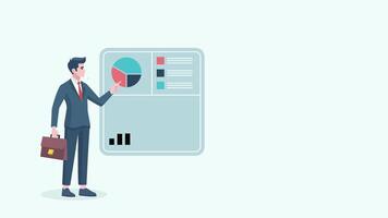 animated businessman pointing Graph of increasing income.animation businessman stands in front of a computer displaying financial graphs and diagrams showing a rise income video