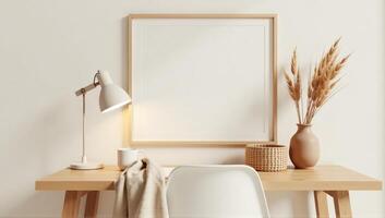 A white desk with a lamp and a framed picture photo