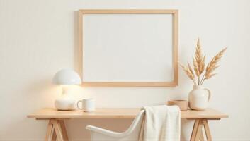 Mock up of a blank frame on a wooden desk with a lamp and a chair photo