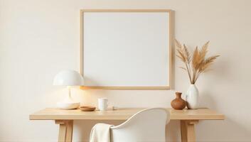 A white desk with a lamp and a vase on it photo