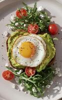 breakfast plate features a slice of toast topped with mashed avocado and a sunny-side-up egg photo