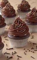 A collection of decadent chocolate cupcakes is adorned with rich, swirled chocolate frosting and colorful sprinkles photo