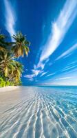 A tranquil tropical beach scene features clear turquoise waters gently lapping against a pristine sandy shore photo
