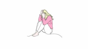 Hand Drawn One Line Animation Of A Woman Seated In A Fetal-Like Position With Her Face Buried In Hands, Minimalist Line Art Continuous Outline Drawing With Color. Concept of Mental Health Struggle video
