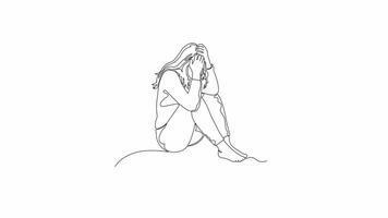 Hand Drawn One Line Animation Of A Woman Seated In A Fetal-Like Position With Her Face Buried In Hands, Minimalist Line Art Continuous Outline Drawing. Concept of Mental Health Struggle video