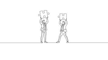 Hand Drawn One Line Animation Of Two Businesspeople, Each Holding A Puzzle Piece, Minimalist Line Art Continuous Outline Drawing. Concept of Business Collaboration And Team Solution video