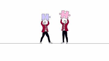 Hand Drawn One Line Animation Of Two Businesspeople, Each Holding A Puzzle Piece, Minimalist Line Art Continuous Outline Drawing With Color. Concept of Partnership And Strategy video