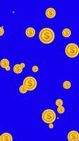 Dollar coin, gold coin Falling animation vertical background blue screen, green screen chroma key background video