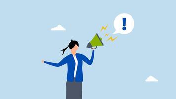 Attention announcement, 4k animation of confident entrepreneur speaking through megaphone with enthusiasm, calling for attention. video