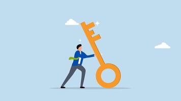 Business key success, 4k animation of entrepreneur exerts great strength on large golden key to resolve issue. video