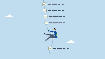 Finish checklist or todo list, 4k animation of entrepreneur ascending rope while marking off tasks on work list. video