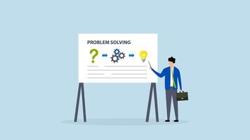 Problem solving skill, 4k animation of Entrepreneur demonstrates issue resolution process on whiteboard. video