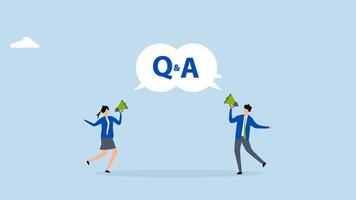 question and answer session, 4k animation of businessman and woman yelling into megaphone during Q and A in speech bubble. video