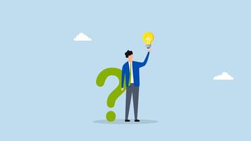 Question and answer, 4k animation of clever entrepreneur with a question mark symbol and lightbulb idea. video