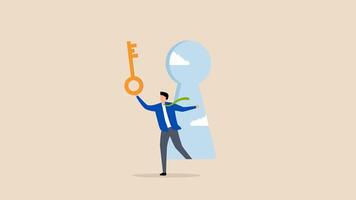 Success secret key discovery, 4k animation of entrepreneur unlocks door via keyhole to present a concealed golden unlocking key. video