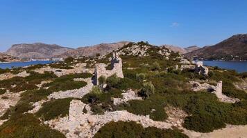 4K Aerial View Of Damaged Walls Of Ancient Fortress Ruins In Turkey video