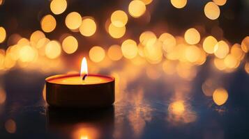 glowing candle with warm flame surrounded by soft golden bokeh lights creates serene and inviting atmosphere photo