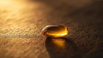 Golden capsule lies on textured surface reflecting light, symbolizing health and well being through essential vitamins and supplements. photo