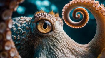 An octopus is closely focused, highlighting its striking eye and the intricate patterns of its tentacles photo