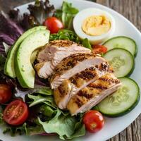A plate features a fresh salad topped with grilled chicken, avocado slices, and a hard-boiled egg, photo