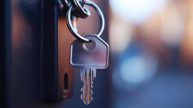 close up of shiny metal key on keyring inserted into lock, symbolizing security and new beginnings for first time home buyers photo