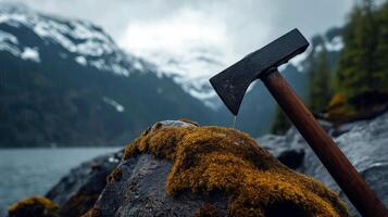 Wet axe resting on a moss-covered rock in a rainy mountain landscape photo