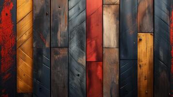 Rustic textured wooden plank background with weathered multicolor panels in red brown and black for vintage interior design and decor photo